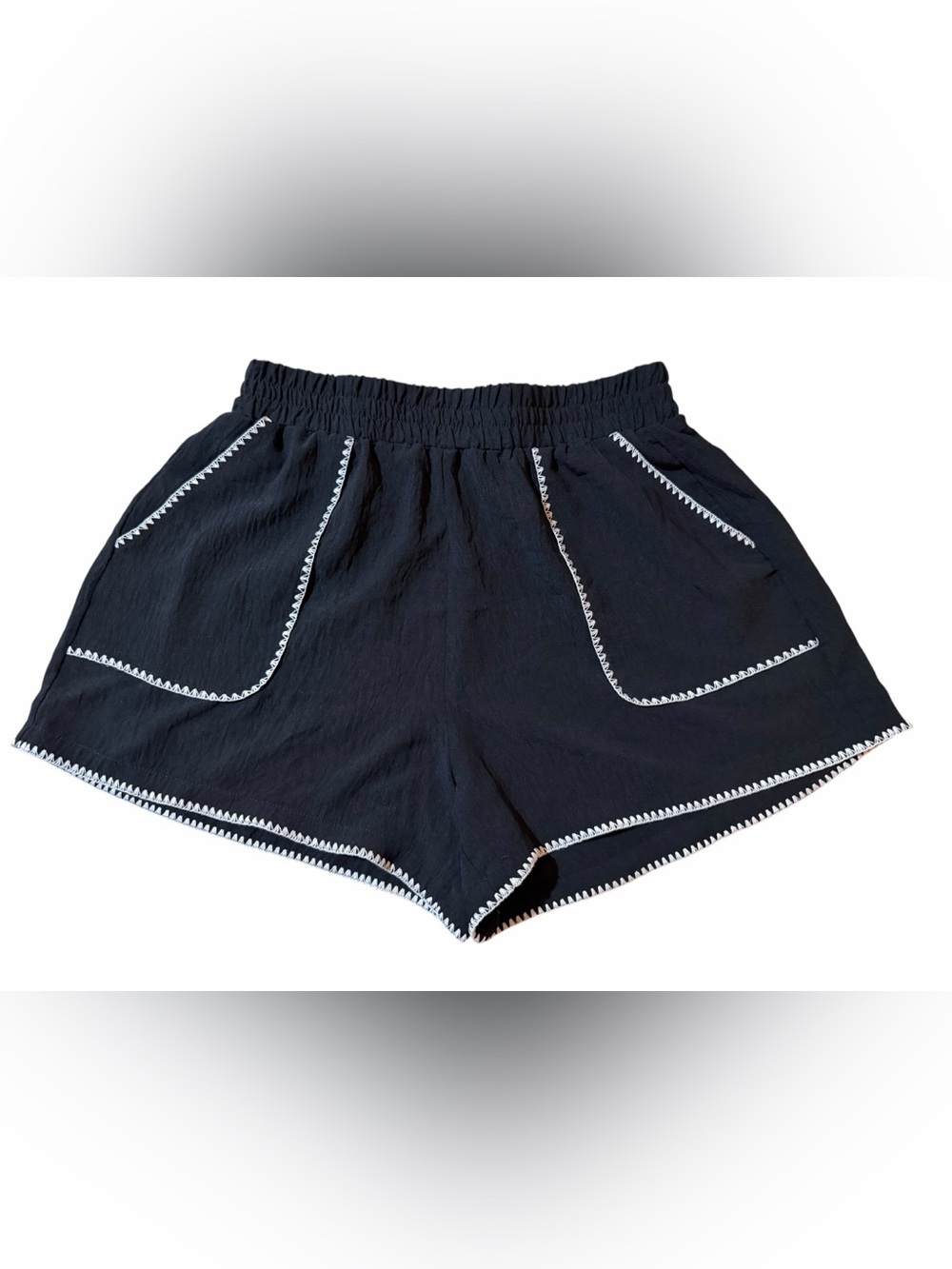 B. Black Textured Pull On Shorts with White Contrast Embroidery Trim Size Medium